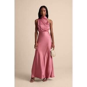 NEW Lulus Distinctive Charm Rose Pink Satin Asymmetrical Maxi Dress - Size L